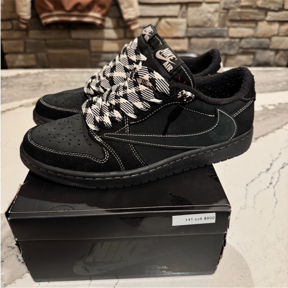 Travis Scott Black Suede Low-Top Sneakers with Houndstooth Laces